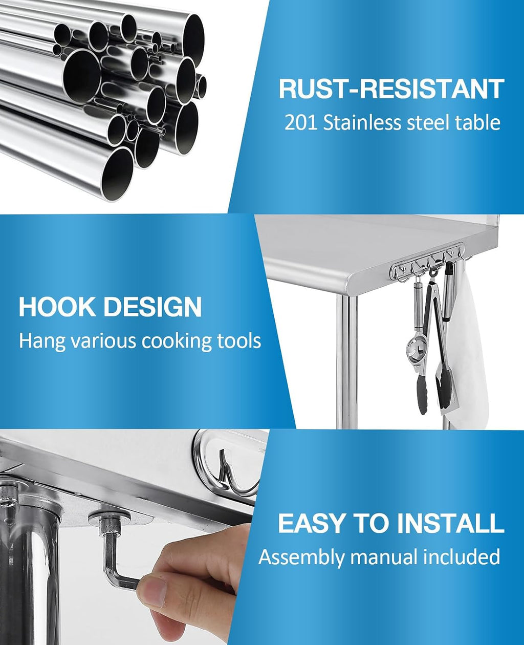 GarveeTech 60 in x 24 in Stainless Steel Prep Table, NSF Metal Work Table with Backsplash, Adjustable Undershelf, 5 Hooks, Heavy Duty Workbench Workstation for Home Kitchen Restaurant
