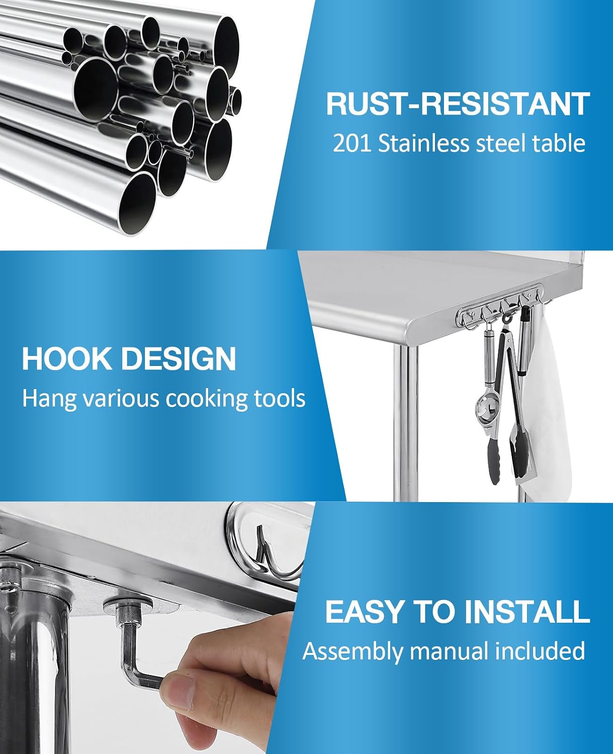 GarveeTech 60 in x 24 in Stainless Steel Prep Table, NSF Metal Work Table with Backsplash, Adjustable Undershelf, 5 Hooks, Heavy Duty Workbench Workstation for Home Kitchen Restaurant