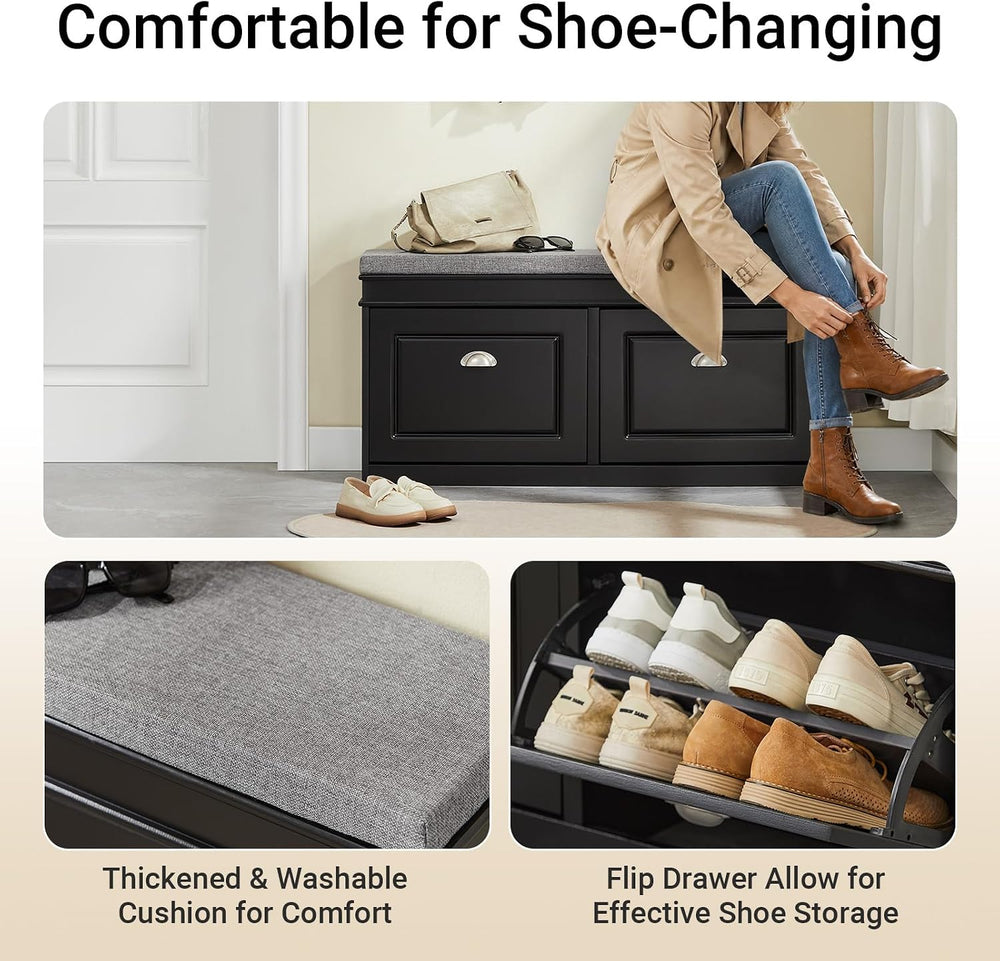 Haotian Black Storage Shoe Bench with Two Flip Drawers
