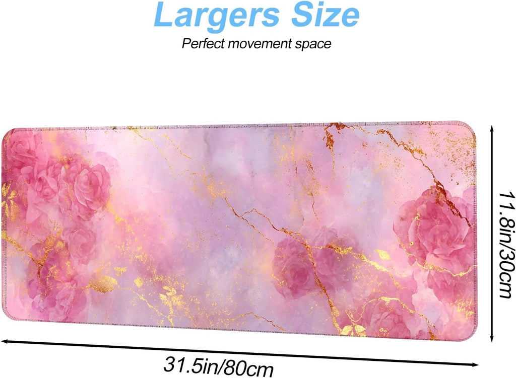 Elegant Pink Rose and Gold Marble Mouse Pad – 31.5" x 11.8" Extended Desk Mat with Abstract Floral Design – Luxurious Non-Slip Surface for Office & Home Decor