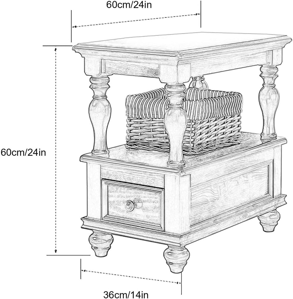 Narrow End Table with Drawer and Storage Shelf Solid Wood Slim Rectangular So...