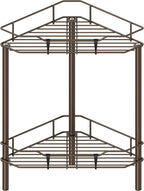 2 Tier Floor Standing Corner Shower Caddy Organizer Shelf with Hooks, Bathroom Shelves Stand Rack, Bronze