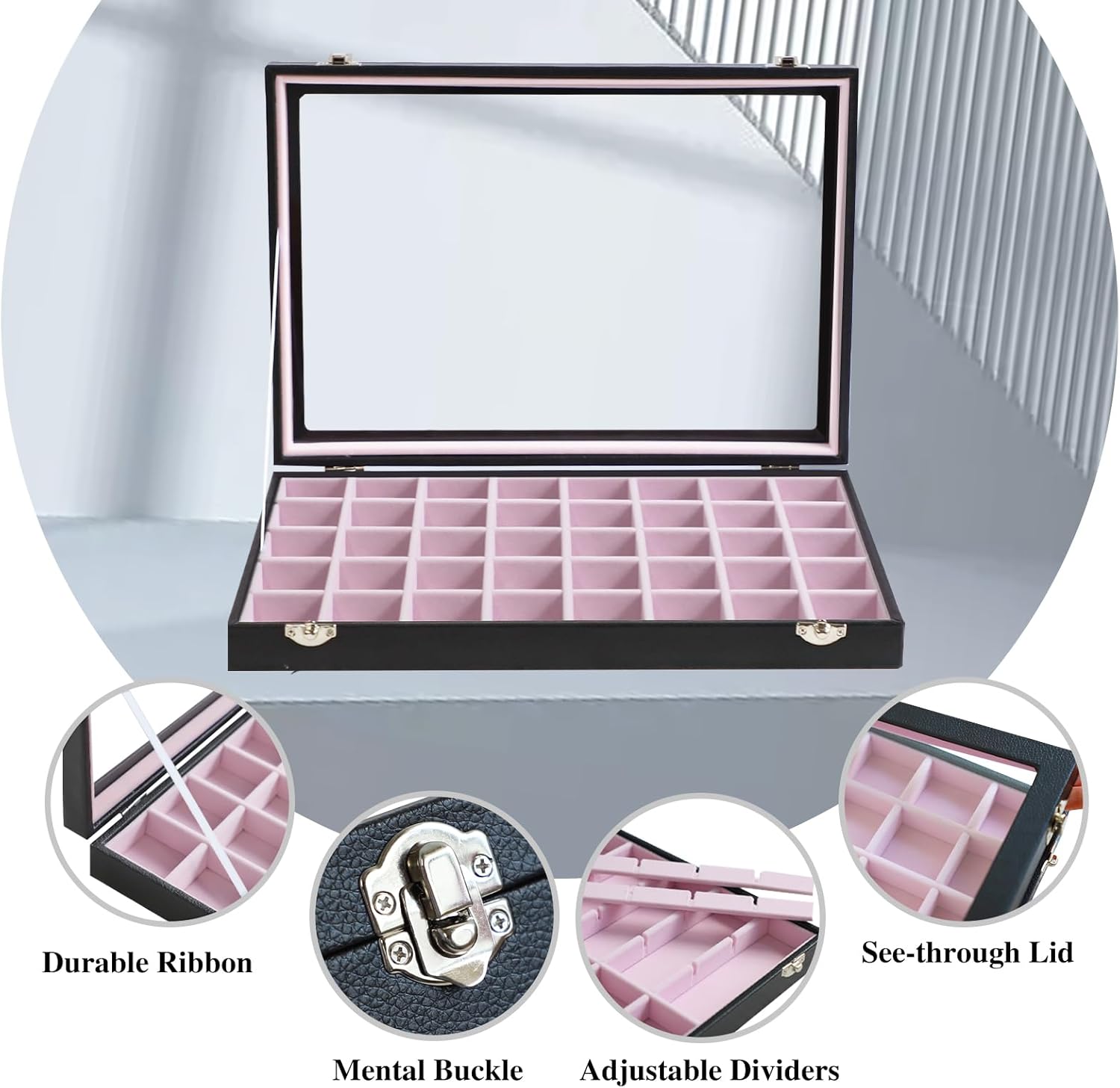 Stratalife Jewelry Organizer 40 Grid Pink Black Jewelry Tray with Clear Dust-proof Lid Velvet Earring Organizer Necklace Rings Holder Display Drawer Storage Case for Women