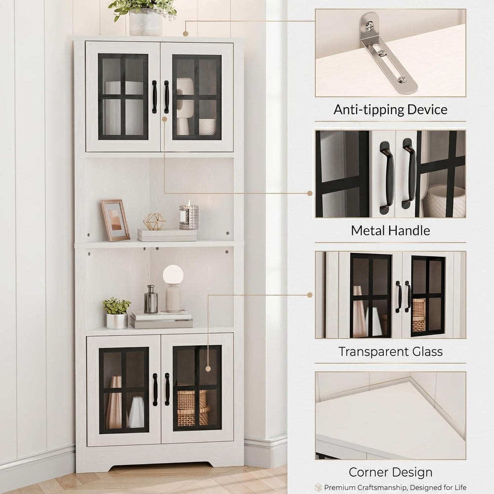 Corner Cabinet with Glass Doors and LED Lights, 67" Tall Corner Pantry C...