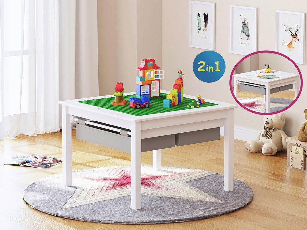 UTEX 2 in 1 Kids Construction Play Table with Drawers Built-in Baseplate | Wooden Kids Building & Activity Table with Storage, Water-based Paint Finish, Compatible with Lego and Duplo Bricks