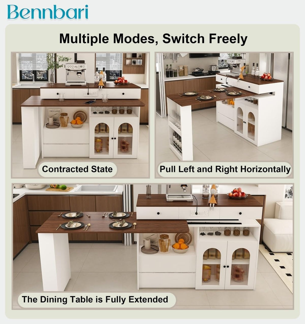 Retro Kitchen Island with Extendable Rotating Tabletop, Power Outlets, Glass ...