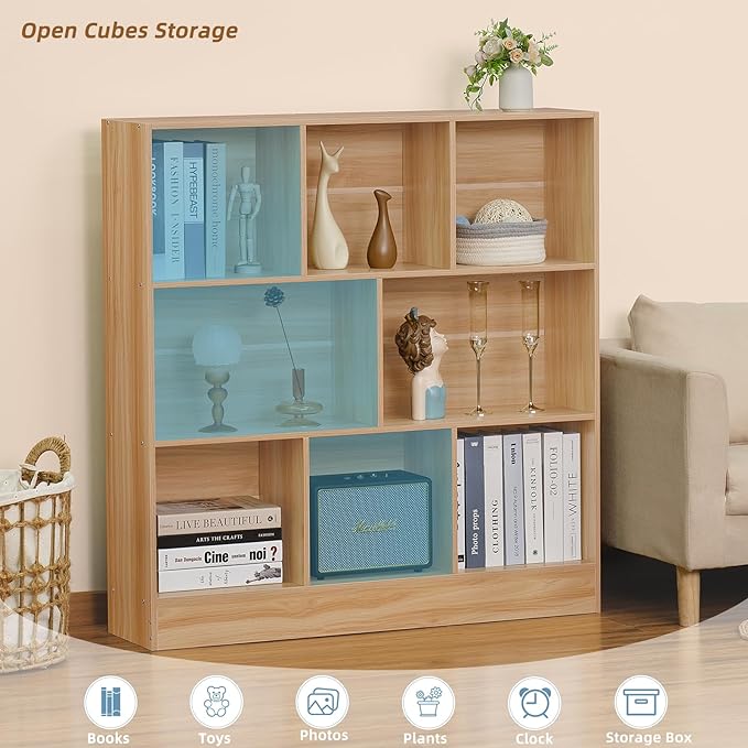 LEYAOYAO 8 Cube Bookshelf with Base,3 Tier Mid-Century Modern Natural Bookcas...