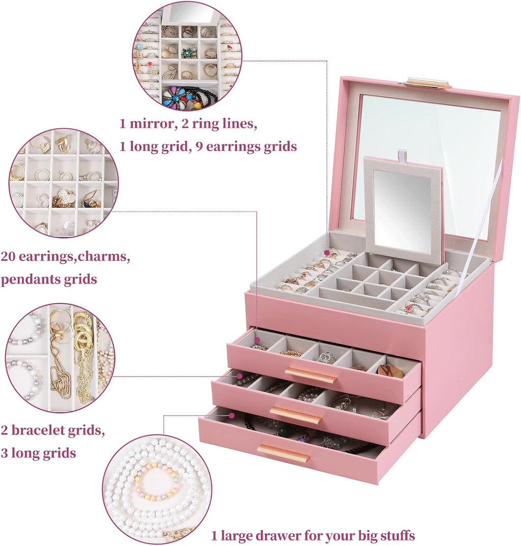 BOOVO Clear Lid Jewelry Box,4 Layers Jewelry Organizer Large Jewelry Storage Box with 3 Drawers,Jewelry Holder Organzier of Rings Earrings Necklace Bracelets for Women (Pink, 4 Layer)