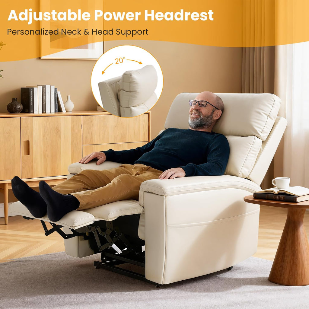 Triple Motor Power Lift Recliner Chair for Elderly, Lay Flat Lift Chair | Power Headrest, Vibration Massage & Heat, Infinite Position, Pockets & USB, Lumbar Pillow, Cup Holders, Premium Leather,Beige