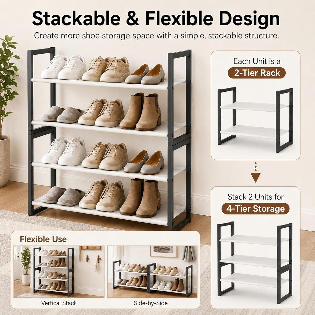 2-Tier Shoe Rack for Closet & Entryway, Stackable Shoe Organizer, Screw-Fastened Metal Frame for Less Wobble, Heel-Friendly Non-Woven Shelves, 11.8" Deep Space-Saving Shoe Storage (Black)