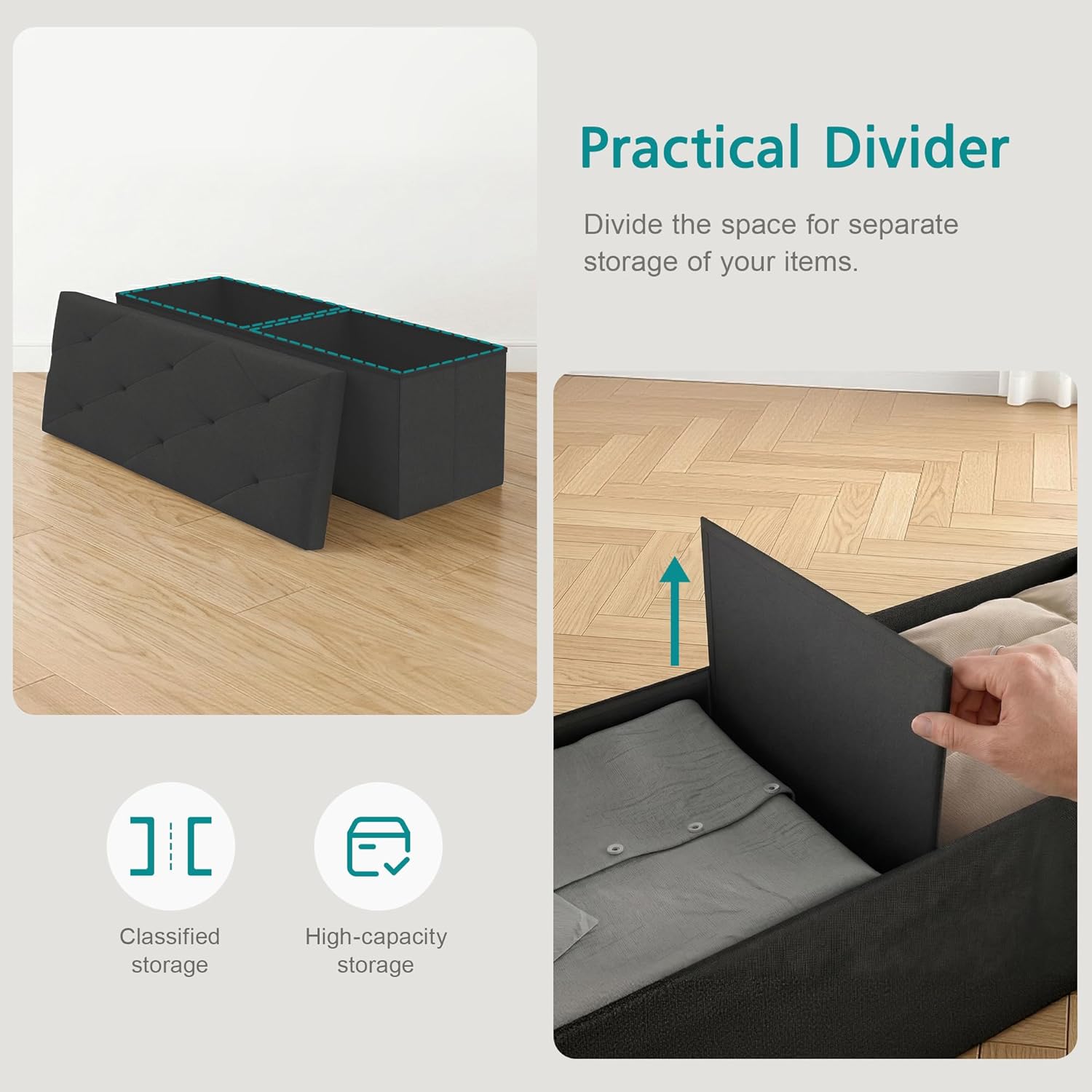 VECELO 43'' Folding Storage Ottoman Bench, Storage Chest, Linen Fabric Foot Rest Stool, 158L Storage Footstools for Bedroom and Living Room, Holds up to 660 lbs, JBlack