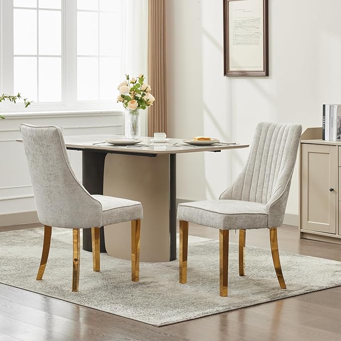 Dining Chairs Set of 2，Modern Channel Tufted Upholstered Dining Chairs with Golden Stainless Steel Legs, Comfortable Chenille Fabric Kitchen Chairs for Dining Room (Beige, 2pc)
