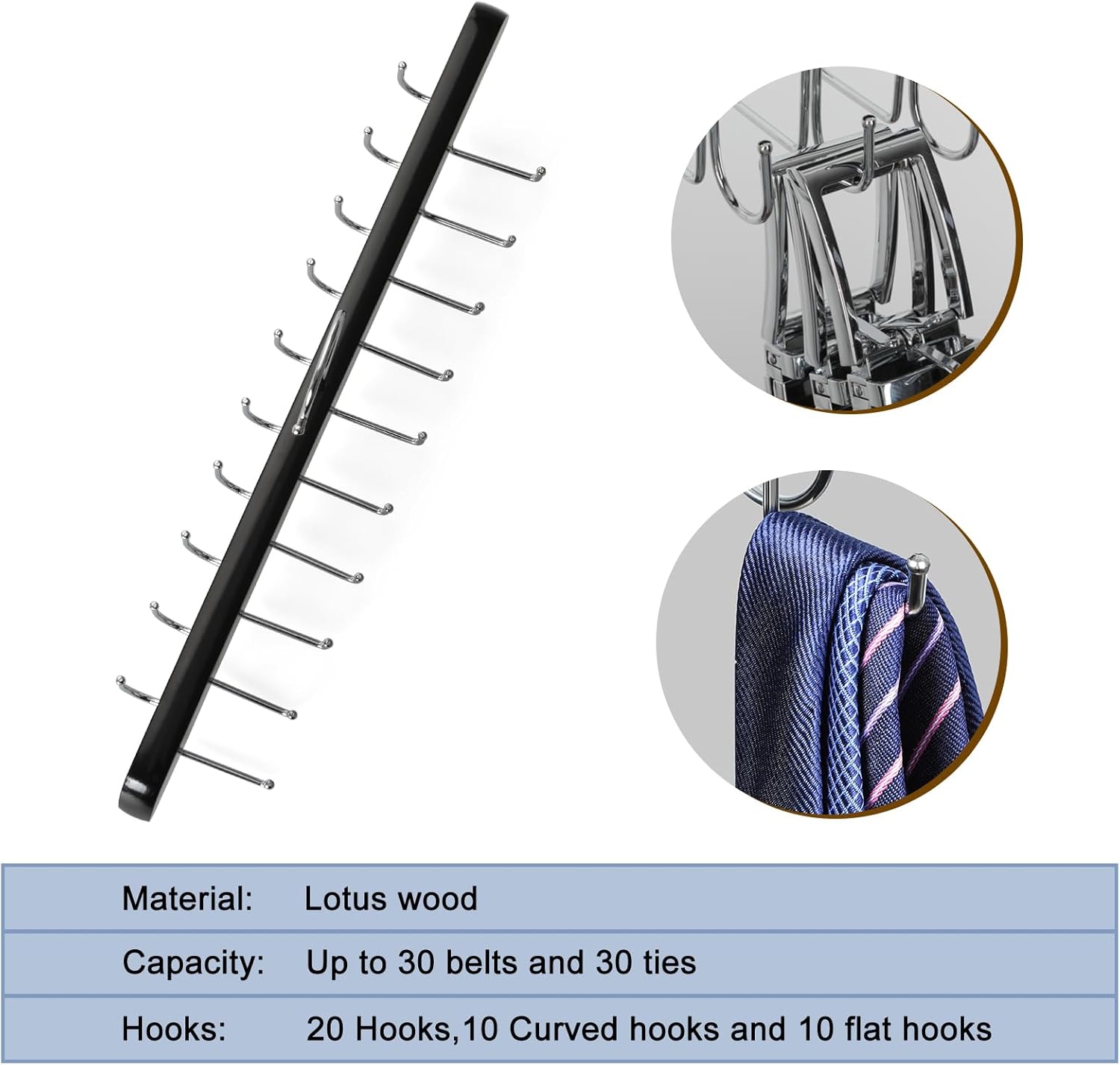 TOPIA HANGER 20 Hooks Belt Tie Hanger Space Saving for Closet, 2 IN 1 Belt Ties Racks Max 30 Belts with 30 Ties Capacity, Curved with Flat Hooks for Belts,Ties,Bras,Closet Organizers and Storage CT69B
