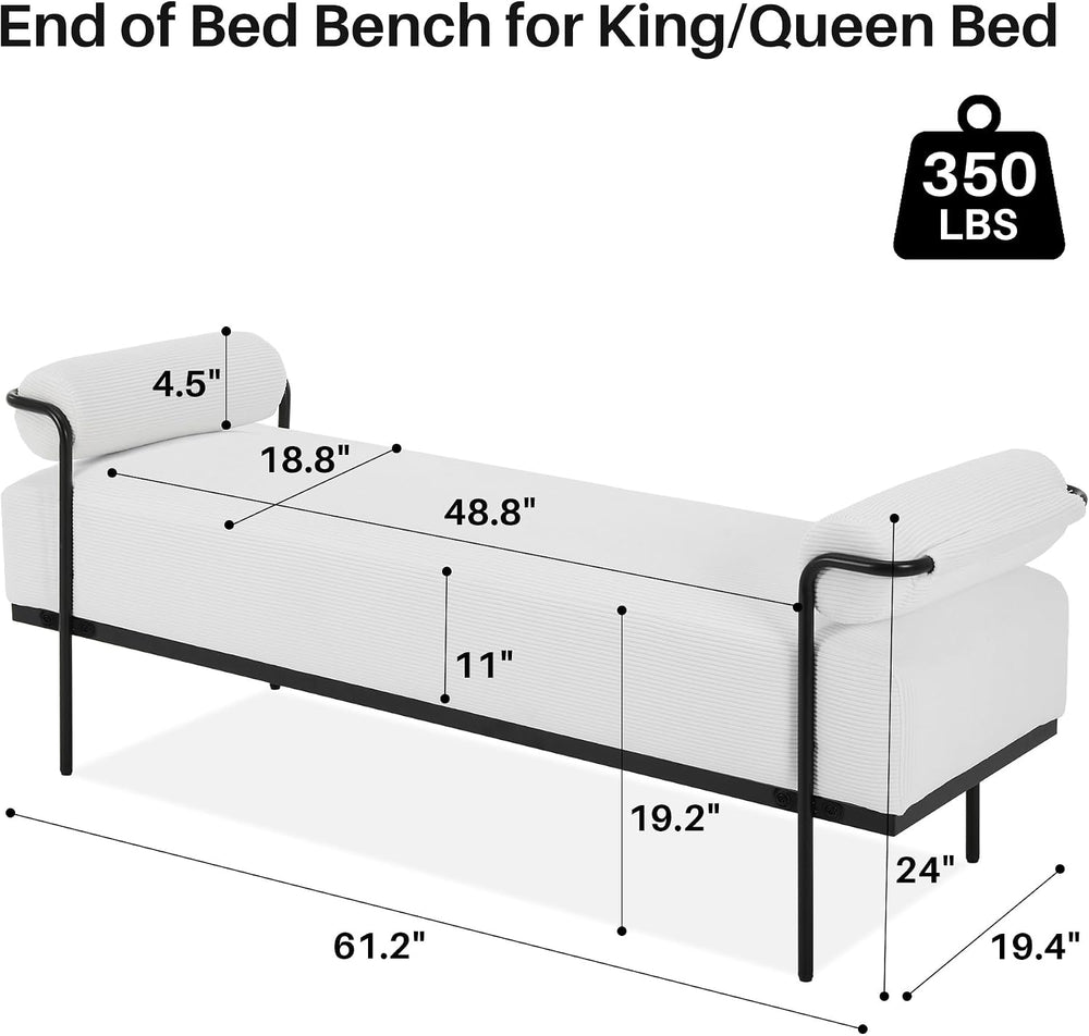 SOFTHION 61.2" End of Bed Bench, Corduroy Upholstered Entryway Bench, Wh...