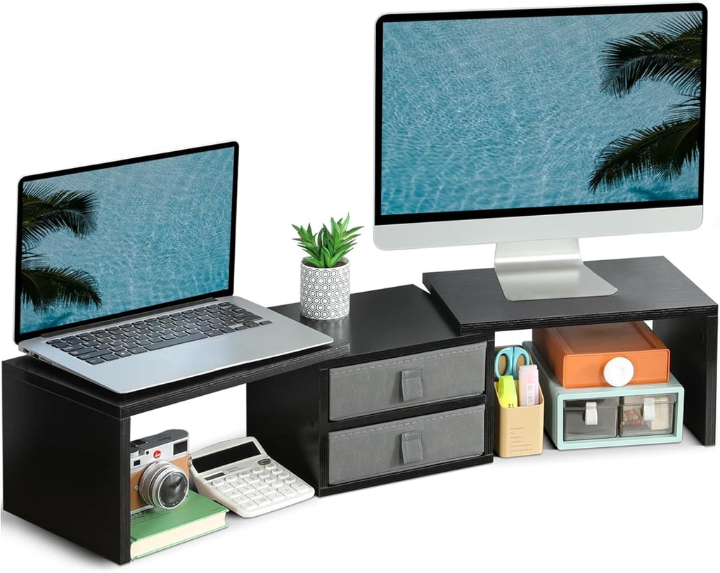 TEAMIX Dual Monitor Stand Riser with 2 Drawers-Length and Angle Adjustable 3 shelf Monitor Riser with Storage Desk Organizer Large Computer Monitor Stand for 2 Monitors/Laptop/PC,Wood Screen/TV Stand