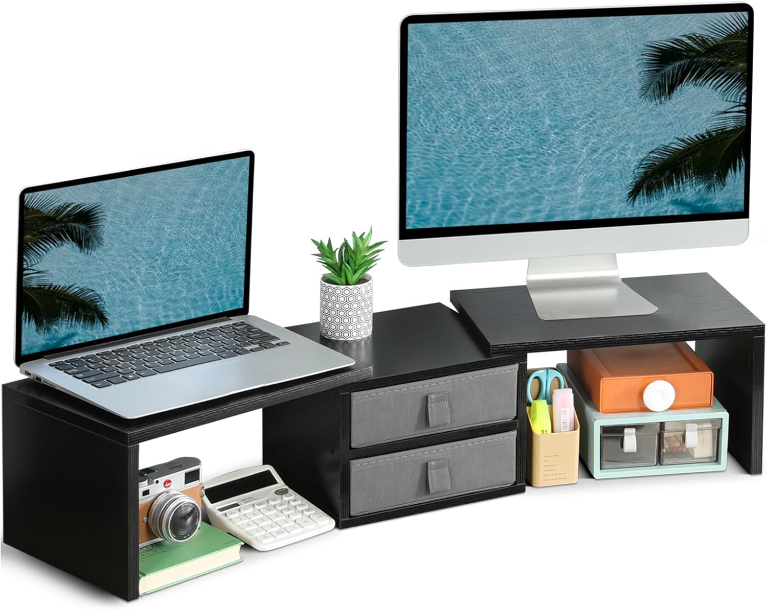 TEAMIX Dual Monitor Stand Riser with 2 Drawers-Length and Angle Adjustable 3 shelf Monitor Riser with Storage Desk Organizer Large Computer Monitor Stand for 2 Monitors/Laptop/PC,Wood Screen/TV Stand