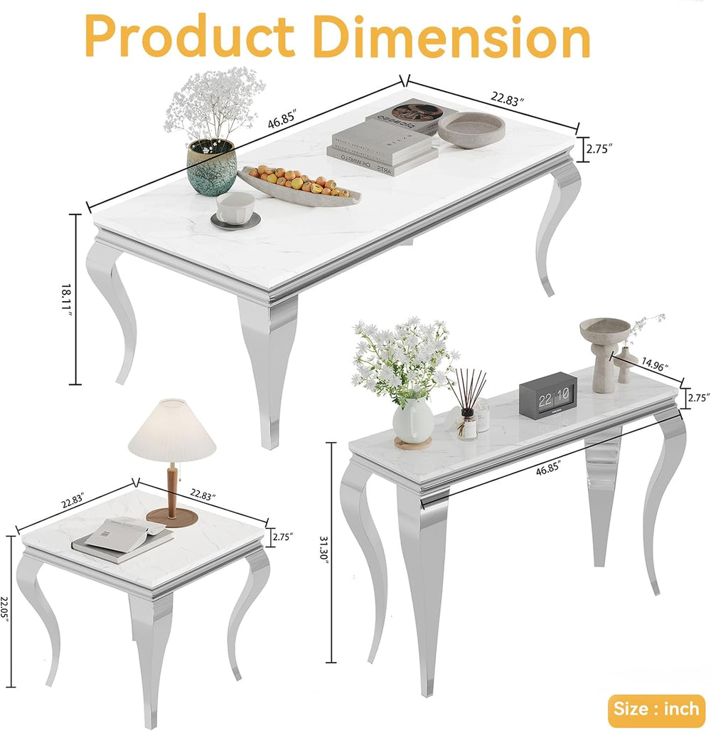 3 Piece Living Room Table Set, White Marble Coffee Table Set of 3, Modern Con...
