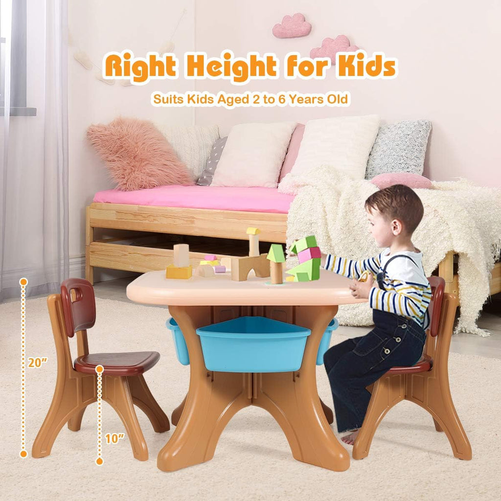 Costzon Kids Table and Chairs, 3 PCS Activity Desk Set w/ 4 Detachable Storage Bins for Indoor Outdoor Play Art Crafts Picnic Patio, Lightweight Toddler Table and Chair Set (Coffee & Blue)