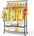 Double Rod Clothing Rack Heavy Duty with Oxford and Mesh Bottom Shelves, Garment Racks for Hanging Clothes, Portable Wardrobe Rack, Metal Clothes Rack Sturdy Coat Rack for Bedroom Laundry Living Room