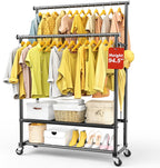 Double Rod Clothing Rack Heavy Duty with Oxford and Mesh Bottom Shelves, Garment Racks for Hanging Clothes, Portable Wardrobe Rack, Metal Clothes Rack Sturdy Coat Rack for Bedroom Laundry Living Room