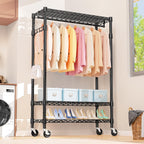 Heavy Duty Rolling Garment Rack 3 Tiers Adjustable Wire Shelving Clothes Rack with Rods and Side Hooks,Storage Closet Clothing Rack with Wheels Black 17.7" D x 47.2" W x 83.6" H