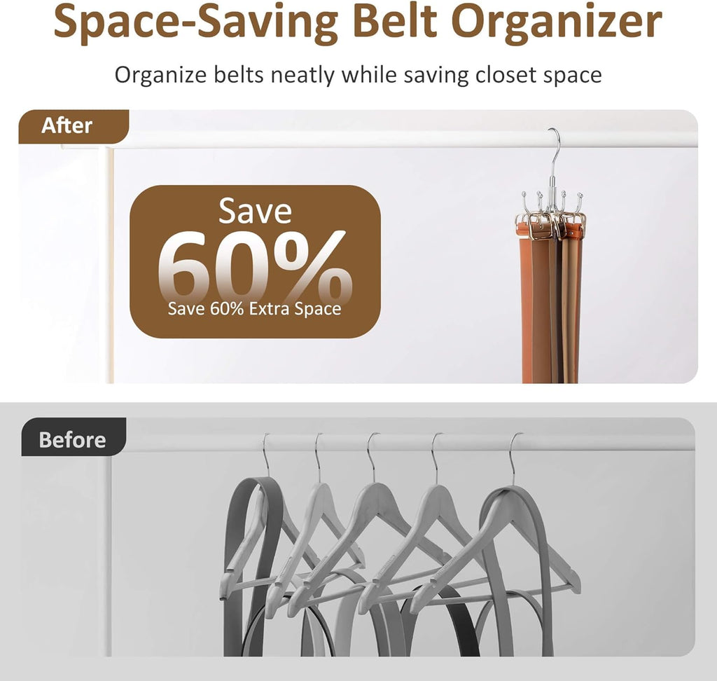 ZEDODIER Belt Organizer for Closet, Heavy-Duty Rotating Belt Hanger Tie Rack Holds up to 24 Belts, Hanging Space Saving Metal Belt Holder for Closet Storage
