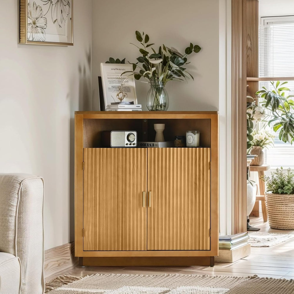 Ahokua Corner Storage Cabinet with Fluted Hand-Carved Doors, riangular Accent...