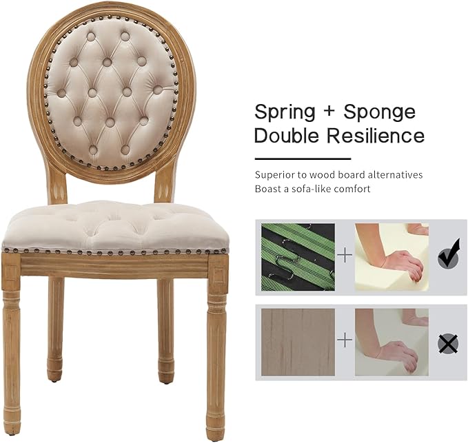French Country Dining Chairs Set of 6, Beige Kitchen & Dining Room Chairs, Velvet Kitchen Chairs, Tufted Upholstered, Wood Legs, Sillas De Comedor (Velvet, Beige, 6 Pcs)