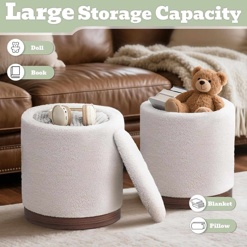 Joveco Round Storage Ottoman with Removable Lid, Boucle Small Upholstered Pad...