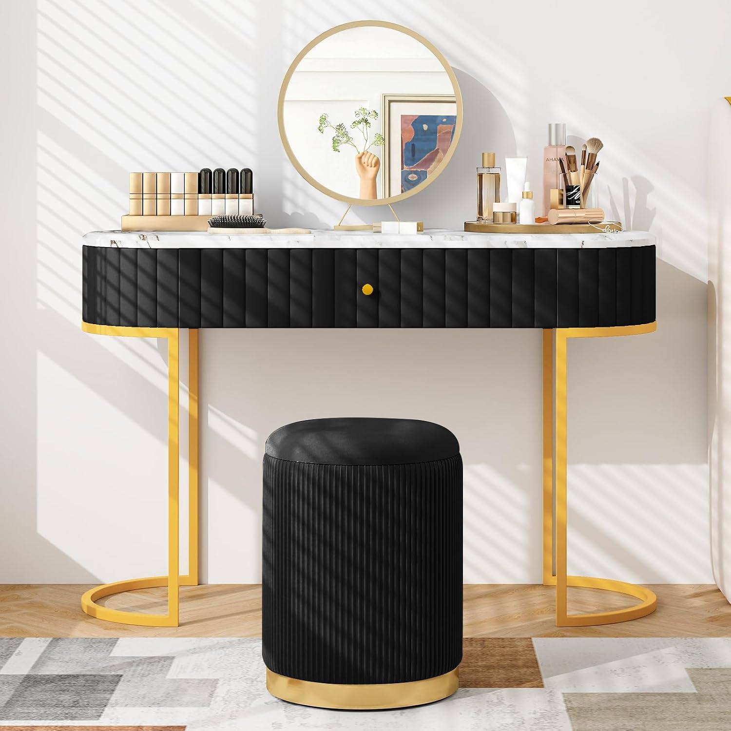 Giantex Ottoman with Storage - Set of 2 Storage Ottomans, 1 Large & 1 Small Nesting Ottoman Side Table, Upholstered Velvet/Linen Round Foot Rest Vanity Stool for Bedroom Living Room (Black)