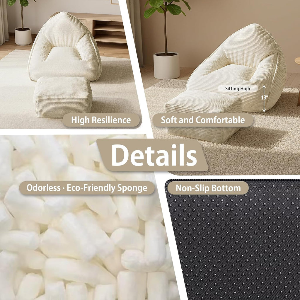 Bean Bag Chair with Ottoman, Bean Bag Sofa,Accent Chairs,Corduroy Fabric, Comfortable Reading Chairs for Living Room, Bedroom, Reading Nook,Modern Lounge Reclining Chair with Footrest (WHITE, Medium)