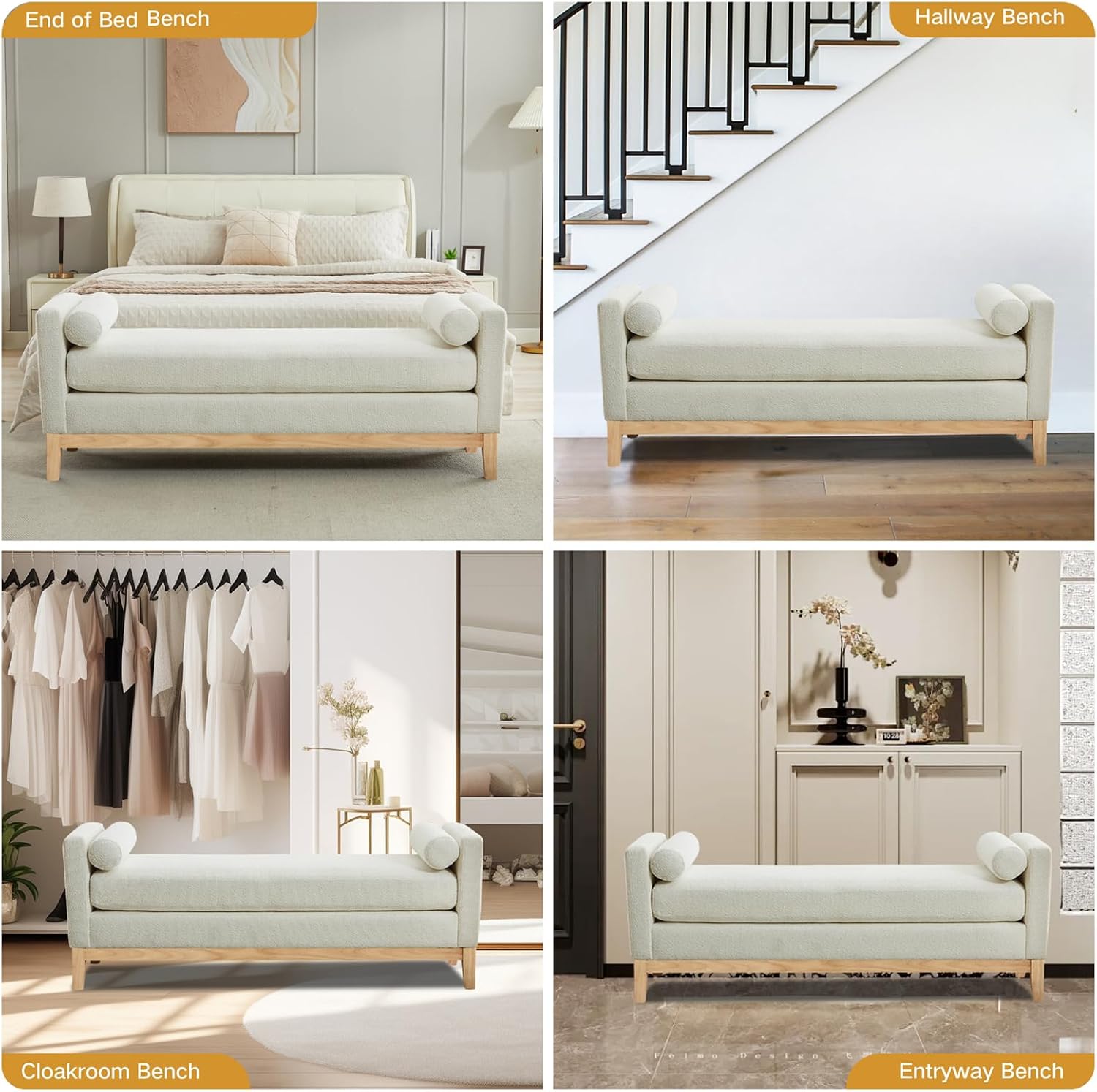 66.34" End of Bed Bench Boucle Fabric Long King Size Bench, White. | Entryway Bench Ottoman Upholstered Extra Long Seat for Bedroom, Entryway, Hallway, Cloakroom, Window Bench.