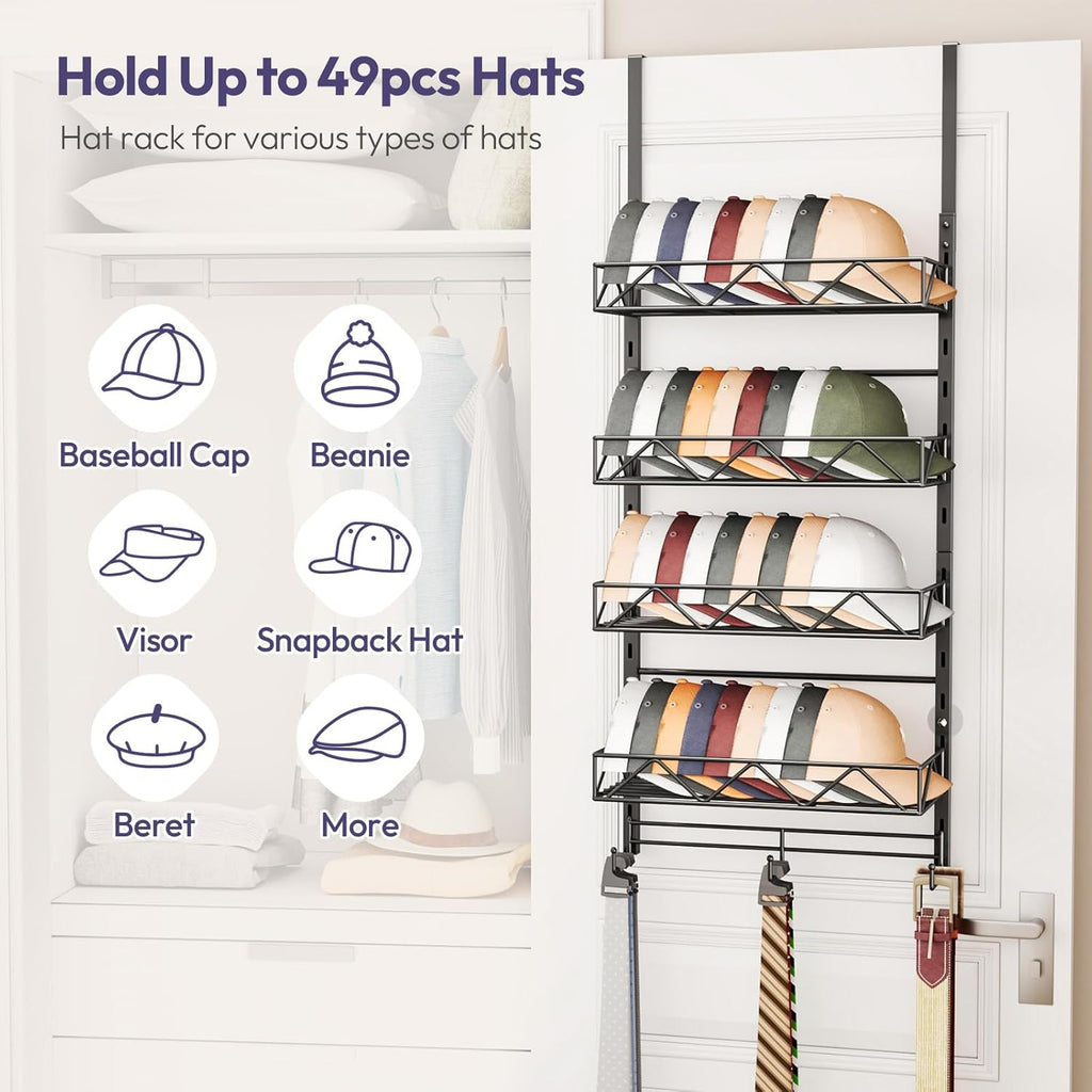 SWTYMIKI Over Door Hat Organizer - 5 Tier Wall Mounted Hat Rack with 4 Adjustable Metal Basket and 3 Hooks, Hanging Baseball Cap Organizer Storage Holds up to 49 Caps for Door, Bedroom, Closet