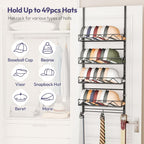 SWTYMIKI Over Door Hat Organizer - 5 Tier Wall Mounted Hat Rack with 4 Adjustable Metal Basket and 3 Hooks, Hanging Baseball Cap Organizer Storage Holds up to 49 Caps for Door, Bedroom, Closet