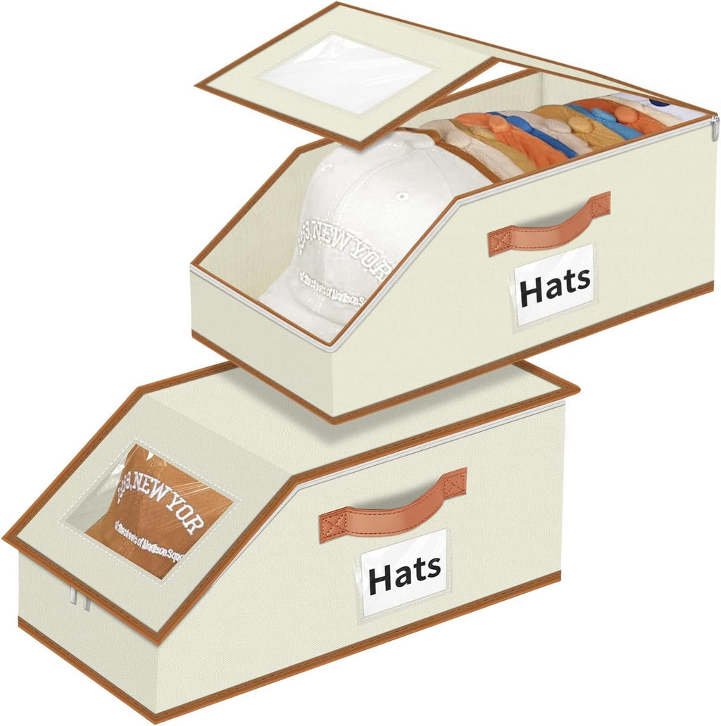 Hat Organizer for Baseball Caps - 2PCS Stackable Storage with Clear Window Lid, Flip-Top Access, Space-Saving Hat Box for Closet, Breathable Fabric (beige with brown)