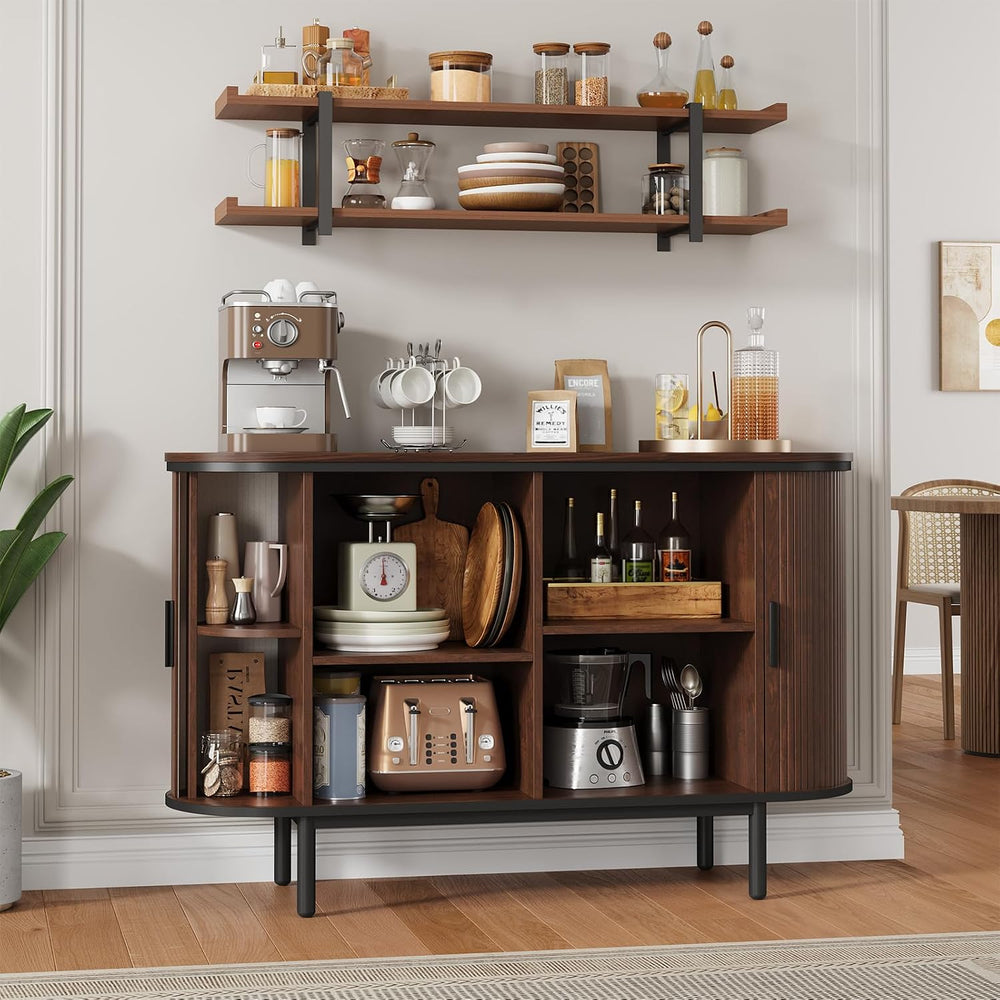 QUW Console Table with Sliding Tambour Doors, 47" Mid Century TV Stand w...