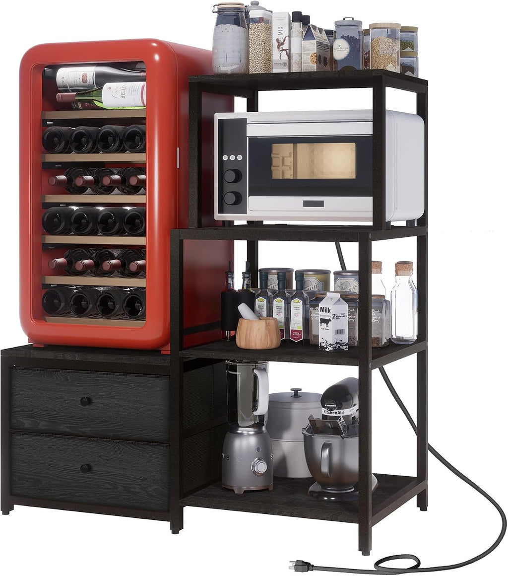 Mini Fridge Stand with Storage, Microwave and mini Fridge Stand with Power Outlet, Coffee Bar,Kitchen Baker,for Dorm,Office(Black)