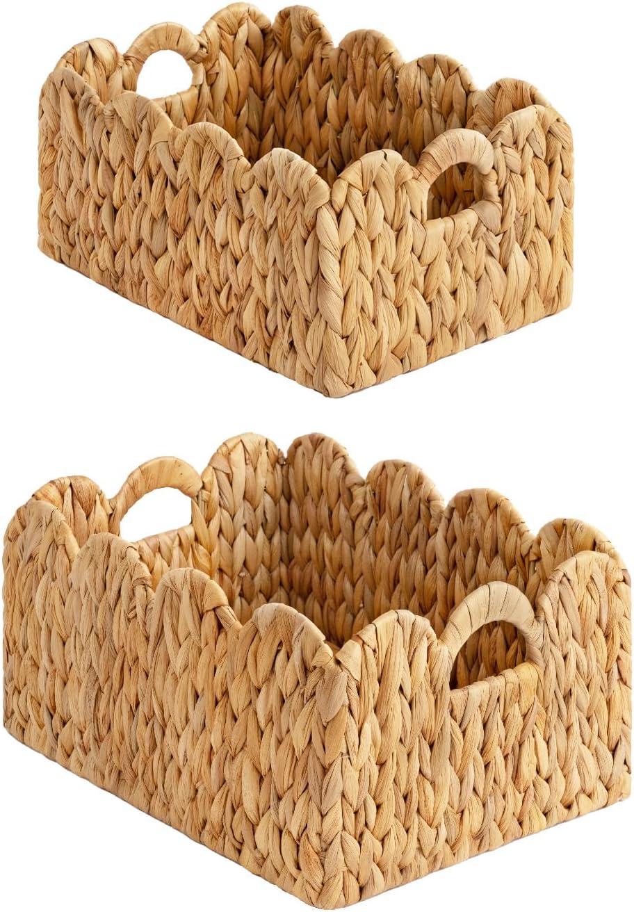 StorageWorks Scalloped Edge Wicker Basket, Hand-woven Rattan Baskets with Built-in Handles, Water Hyacinth Basket for Organizing and Decor, 2 Pack