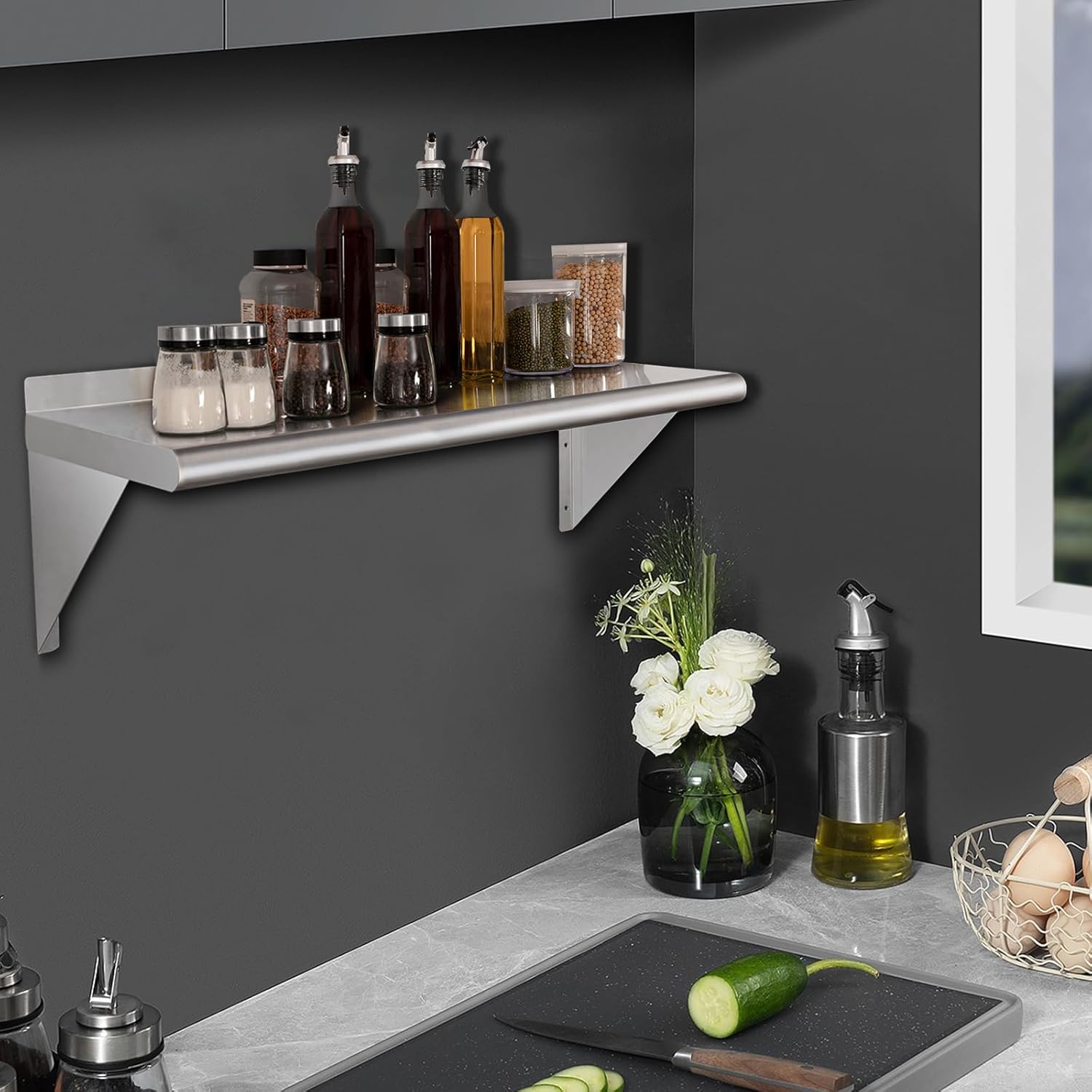 HARDURA Stainless Steel Shelf 14" x 60", 350lb Commercial Shelves Wall Mount Metal Shelving with Backsplash and Brackets for Kitchen, Restaurant, Laundry Room and Home