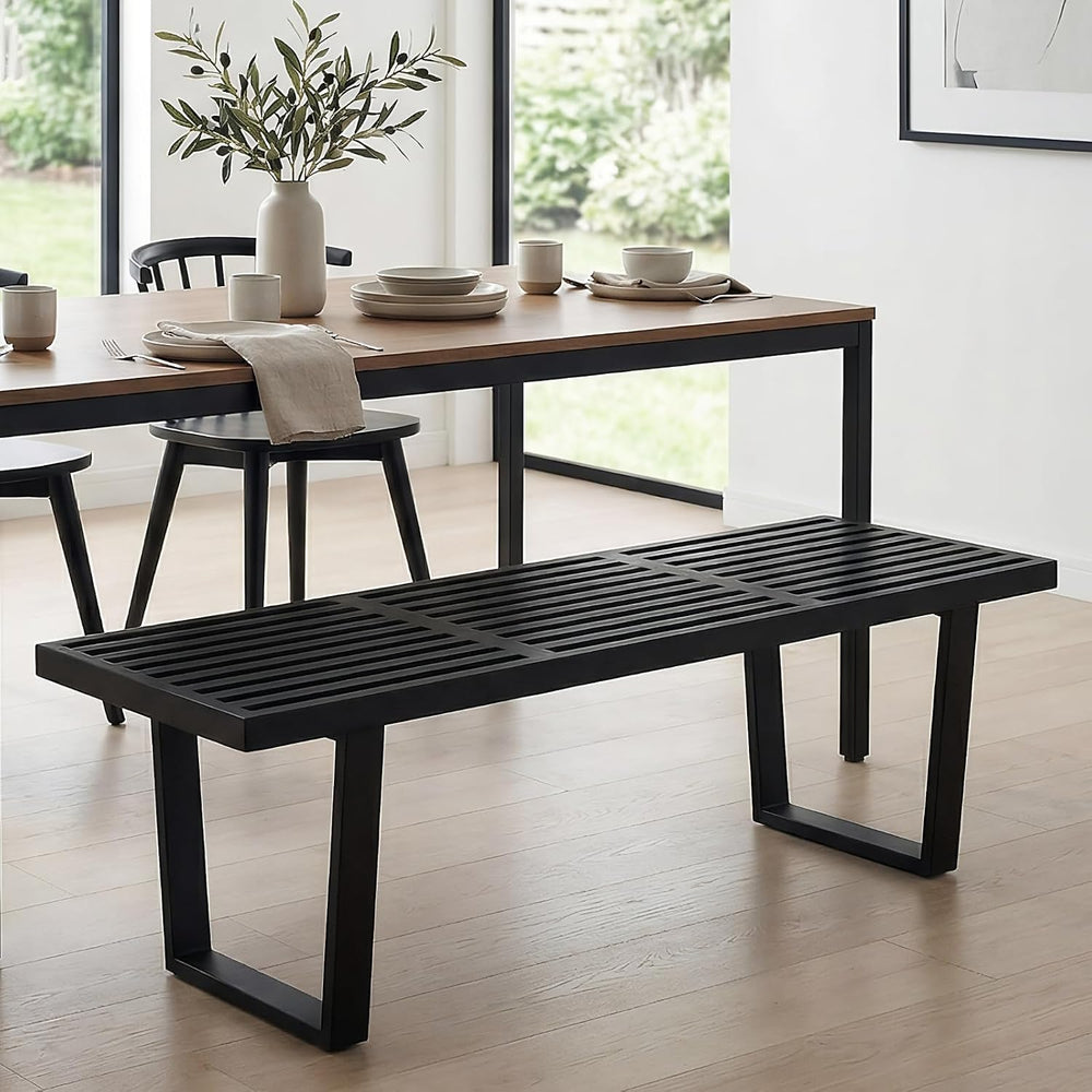 HNY Modern Entryway Bench Black Wood Minimalist Nelson Bench with Metal Legs ...