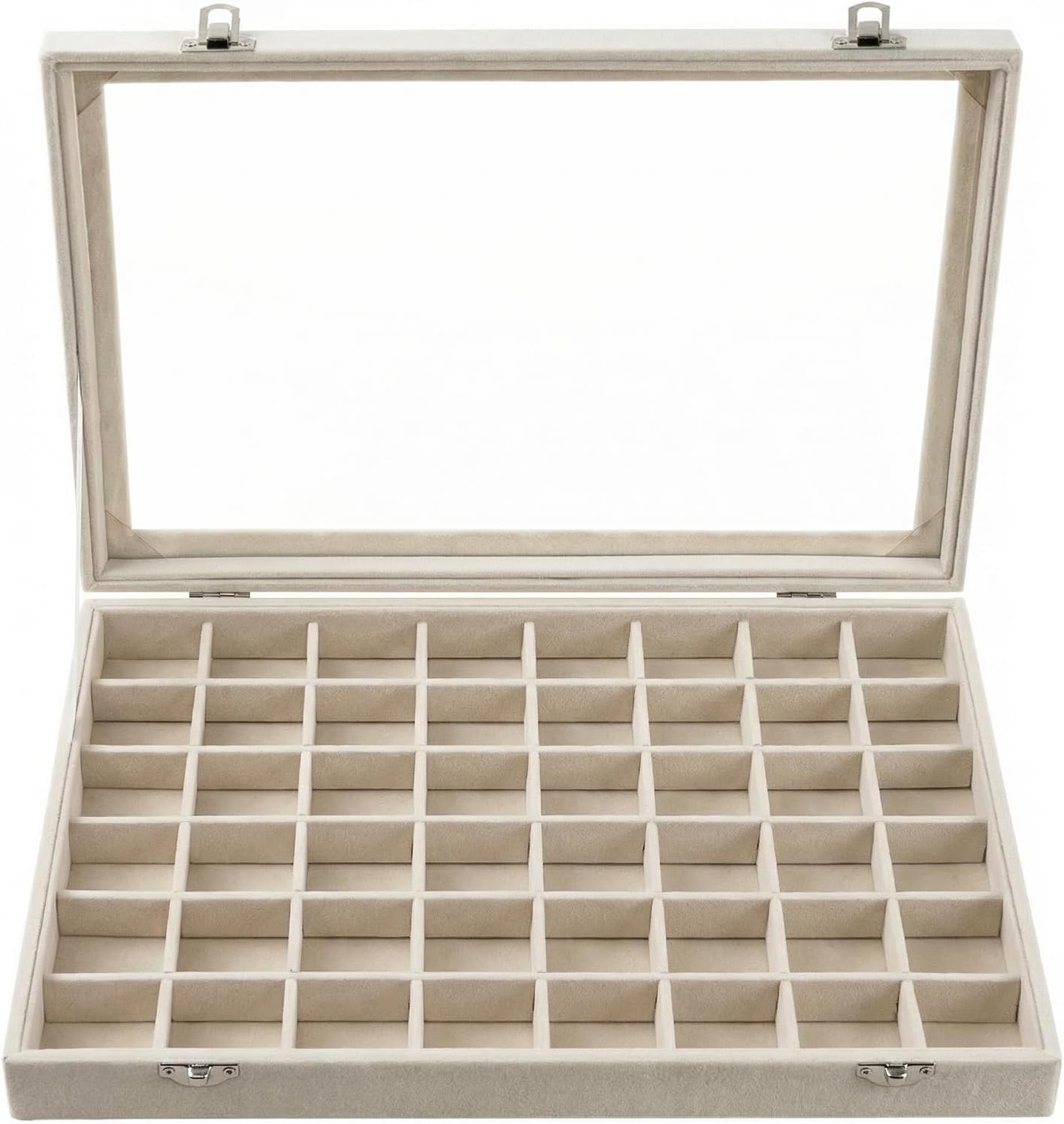 Velvet Jewelry Tray 48 Compartments Jewelry Box Display Organizer with Transparent Cover Earrings, Rings,Necklaces, Pendants Storage Box for Girls, Women,Wife, Mother(Beige)