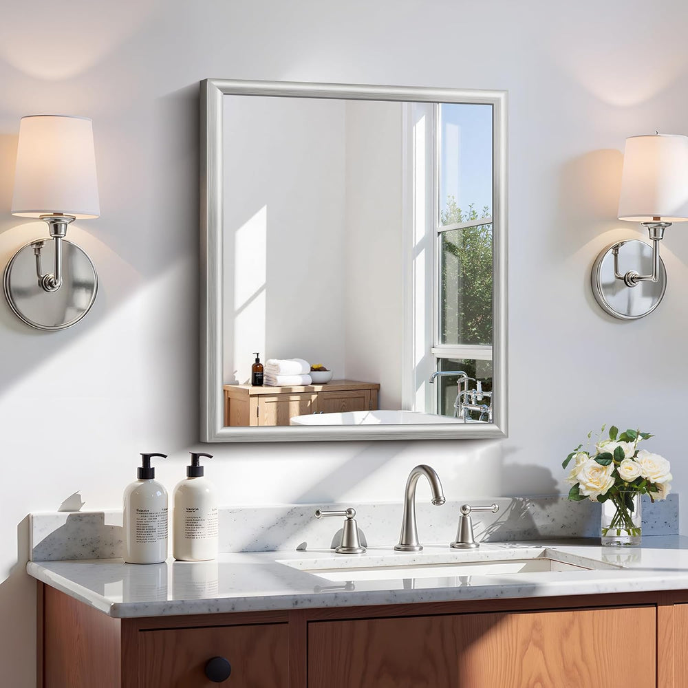 20x24 Inch Brushed Silver Bathroom Mirror, Raised Metal Framed Bathroom Vanit...