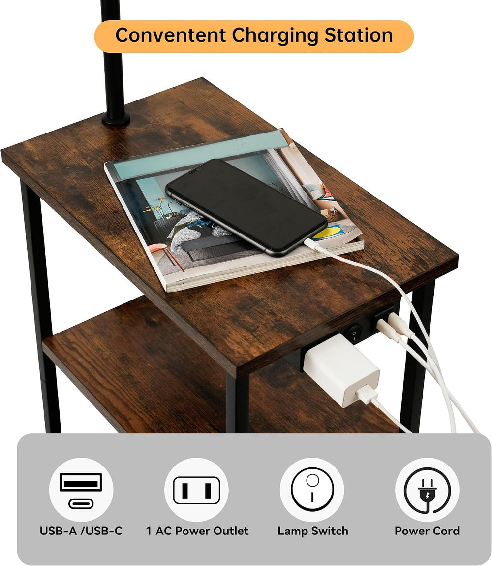 Qupui Floor Lamp with Table, USB Charging, Fabric Basket, Brown