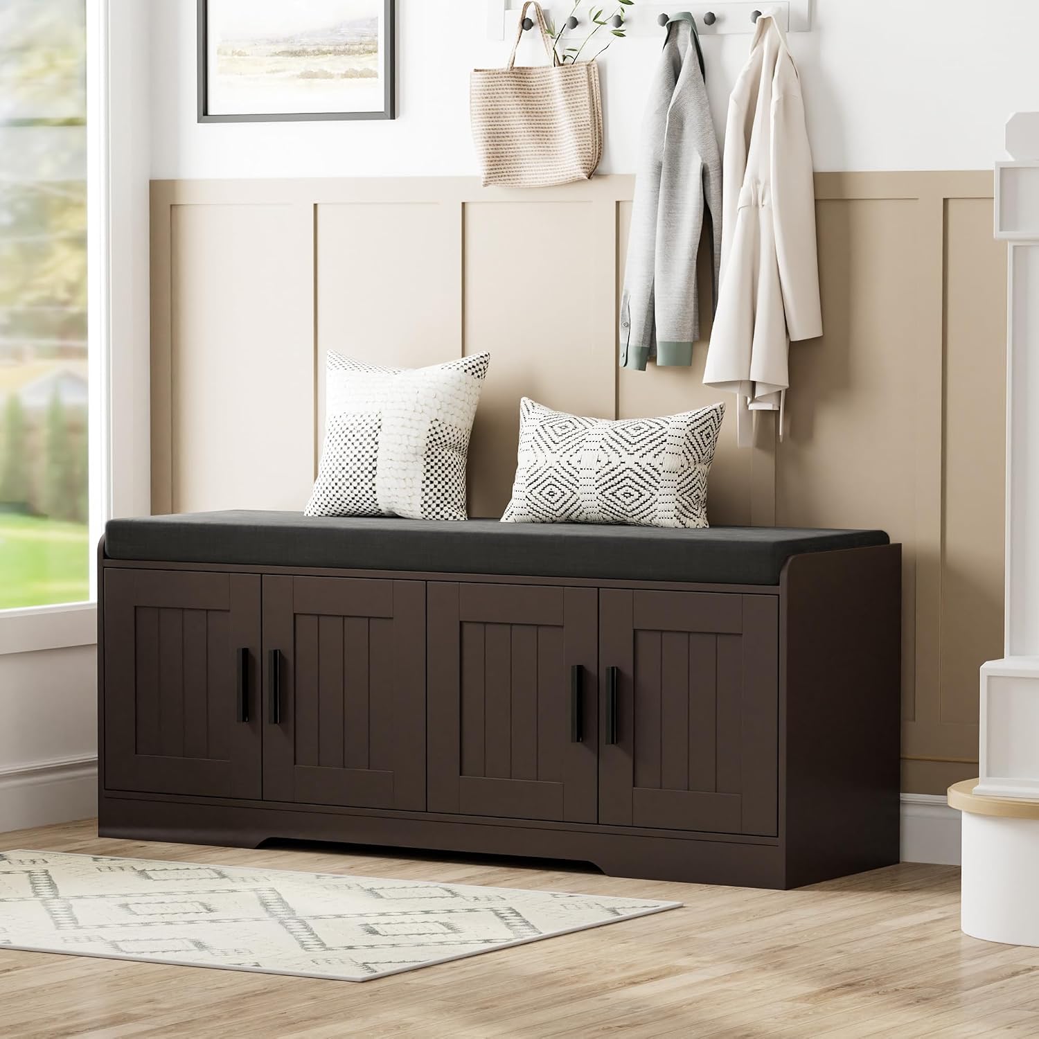 Homleke Shoe Storage Bench, 4 Doors & Thickened Padded Seat Cushion | 2-Tier Shoe Bench, Entryway Bench, Adjustable Shelf, 13.8" D x 45.3" W x 18.5" H, for Living Room, Bedroom, Brown