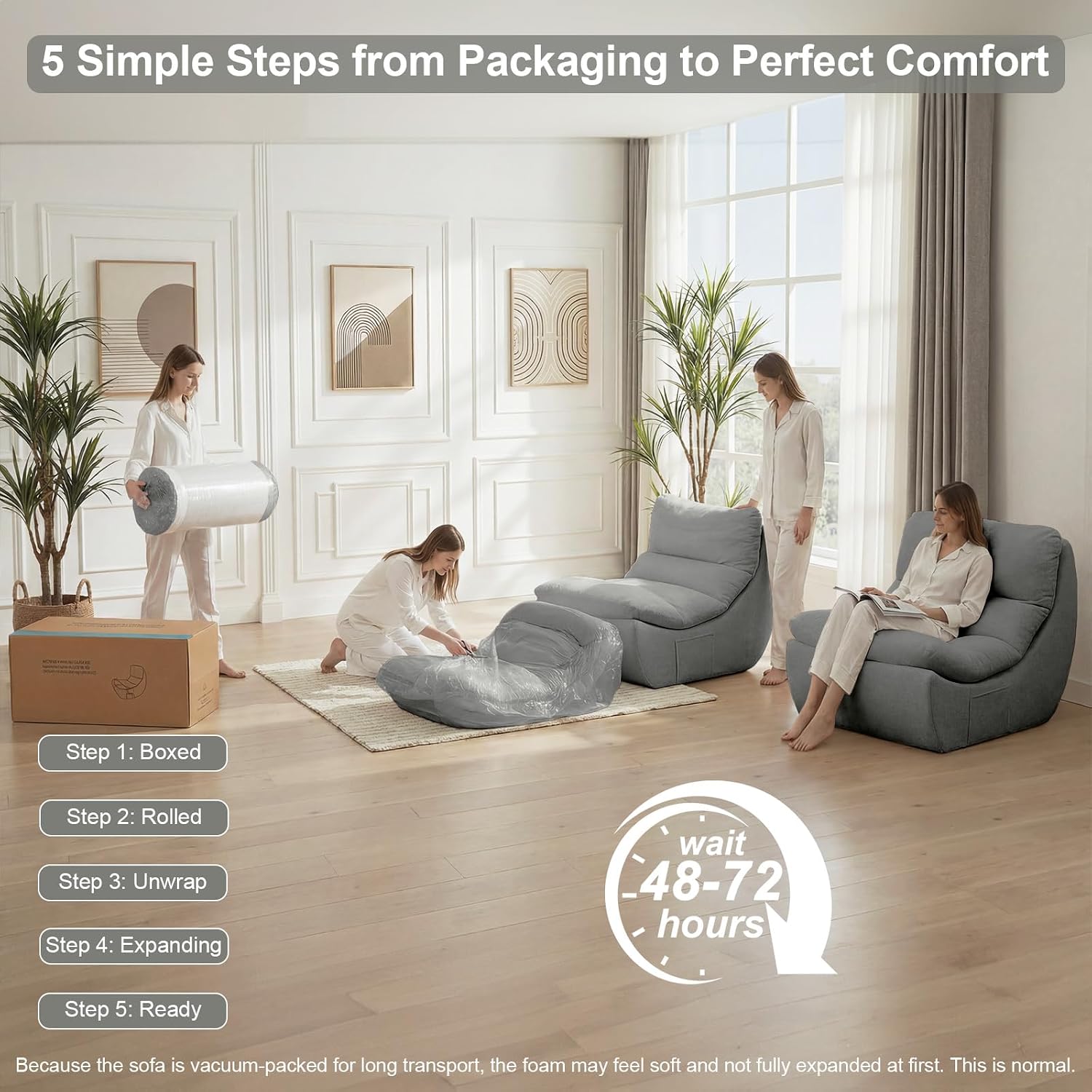 Set of 2 Giant Bean Bag Chairs for Adults, Boneless Lounge Chair, Togo Sofa, Fireside Chair, Anti Cat Scratch Fabric with Machine Washable, Single Sofa for Bedroom, Living Room, Reading Corner (Grey)