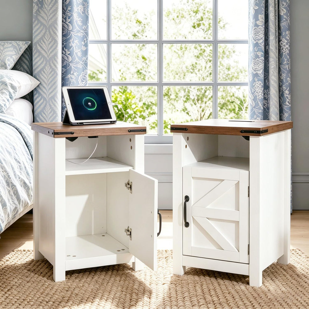 White Farmhouse End Table Set of 2, Rustic Nightstand with Barn Door and Shel...