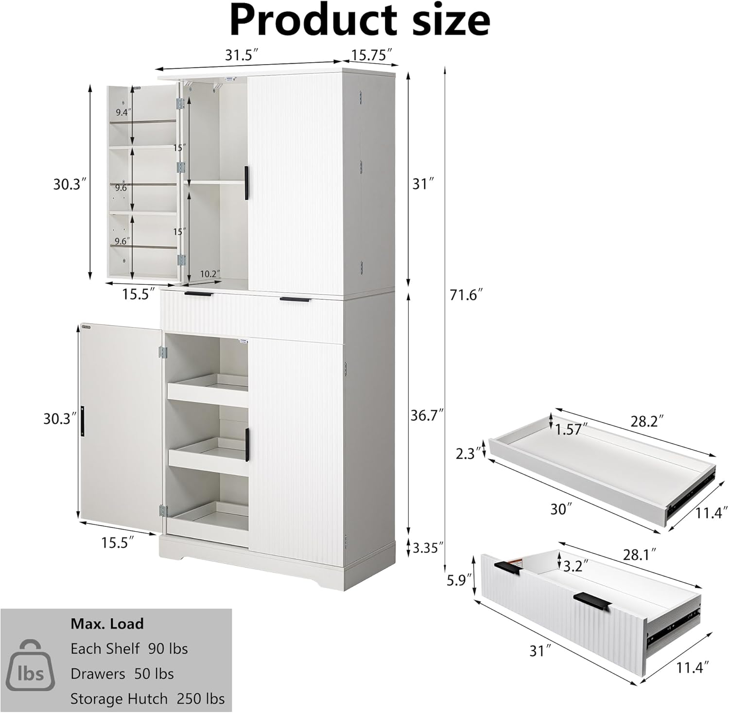 72" Tall Kitchen Pantry Cabinet with Fluted Doors, Freestanding Cupboard with 3 Keyboard Drawers, 6 Door Shelves Adjustable, Modern Storage Cabinet for Dining Room, Living Room, Office, White