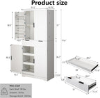 Freestanding Kitchen Pantry with Striped Dawer, 3 Ajustable Shelves, 2 Double Doors with 4 Shelves, Rectangular Storage Cabinet, Modern Minimalist, for Living Room, Dining Room, White