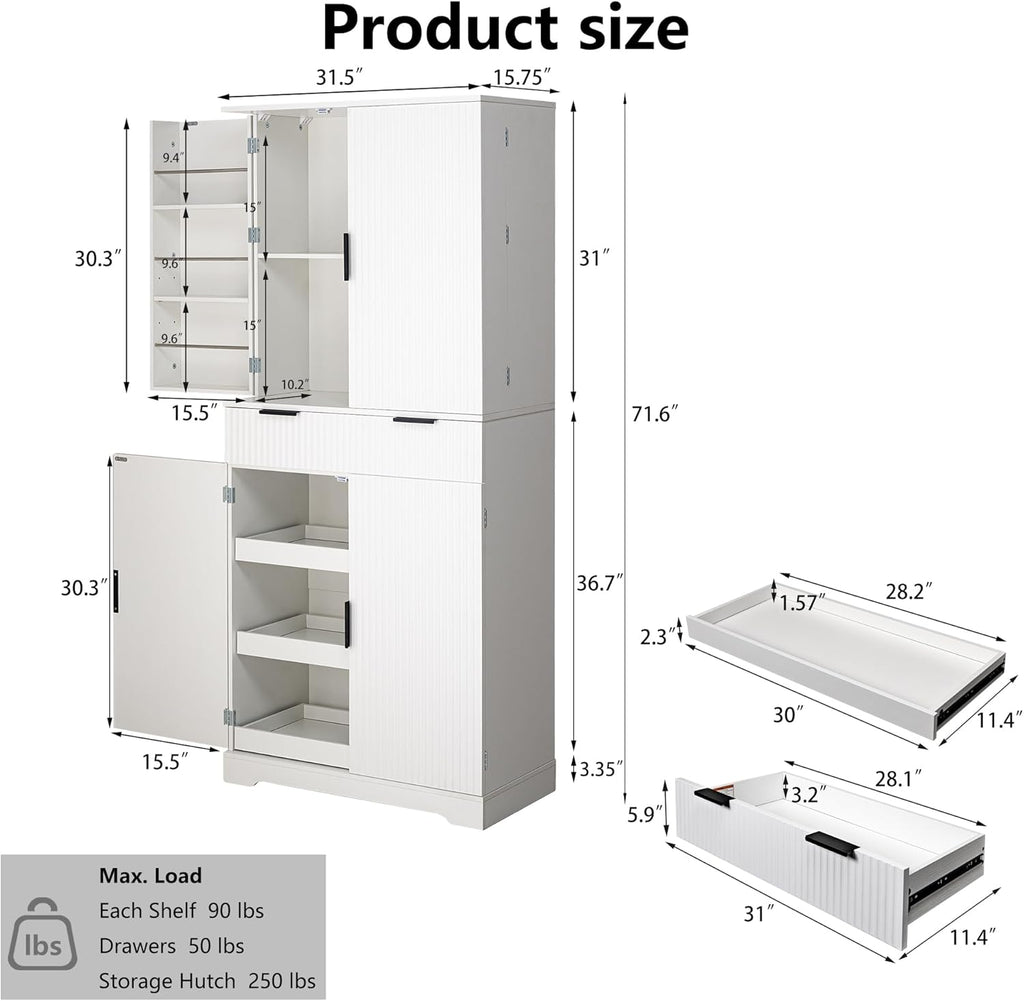 White Kitchen Pantry Cabinet,Freestanding Pantry Cabinet,Fluted Cabinets Tall,Farmhouse Dining Room Hutch,Kitchen Cupboard with 3 Keyboard Drawers & 6 Door Shelves Adjustable
