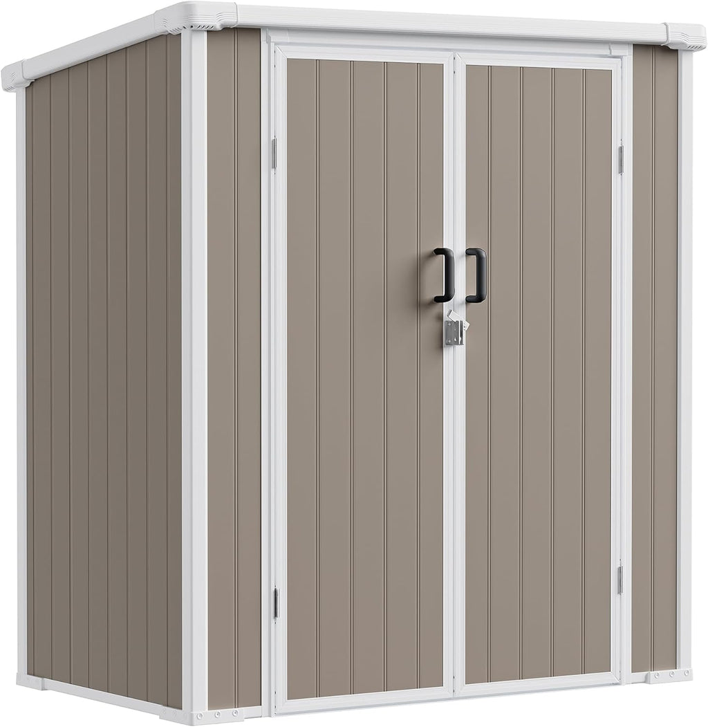 5x3 ft Outdoor Storage Shed with Floor, All-Weather Resin Tool Shed with 2 Shelves, Heavy-Duty Garden Shed for Yard, Bicycle, and Lawn Equipment, Easy Assembly, Warm Gray